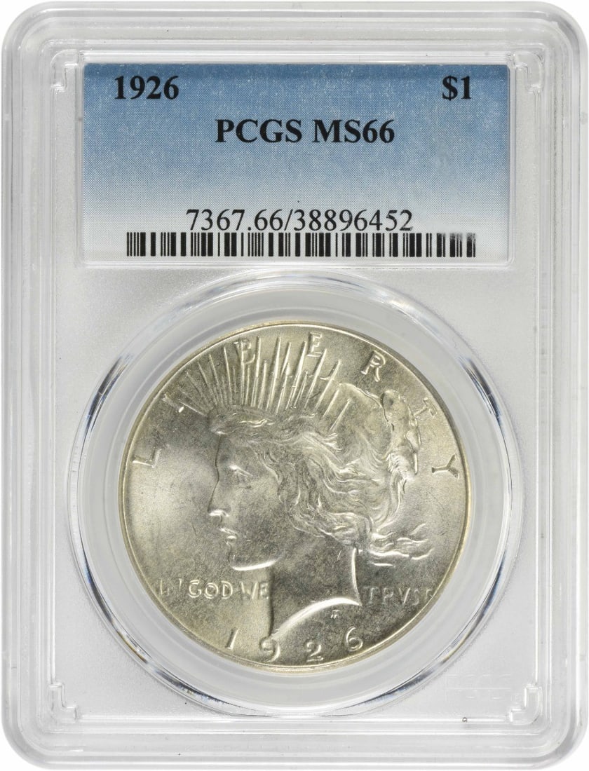 1926 Peace Silver Dollar MS66 PCGS Uncirculated Coin: 1926 Peace Silver Dollar MS66 PCGS Uncirculated Coin This 1926 Peace Silver Dollar, graded MS66 by PCGS, is a stunning example of American coinage, showcasing both artistry and historical significance