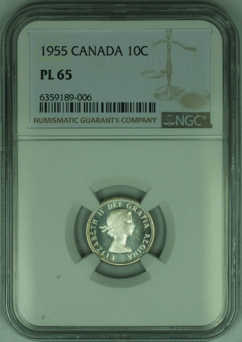 NGC Certified 1955 Canadian 10C Coin PL 65 Proof Like: NGC Certified 1955 Canadian 10C Coin PL 65 Proof Like This is a 1955 Canada 10 cent coin graded PL-65 by NGC. The coin is uncirculated and features a fineness of 0.8. It is a pre-owned item and is cla