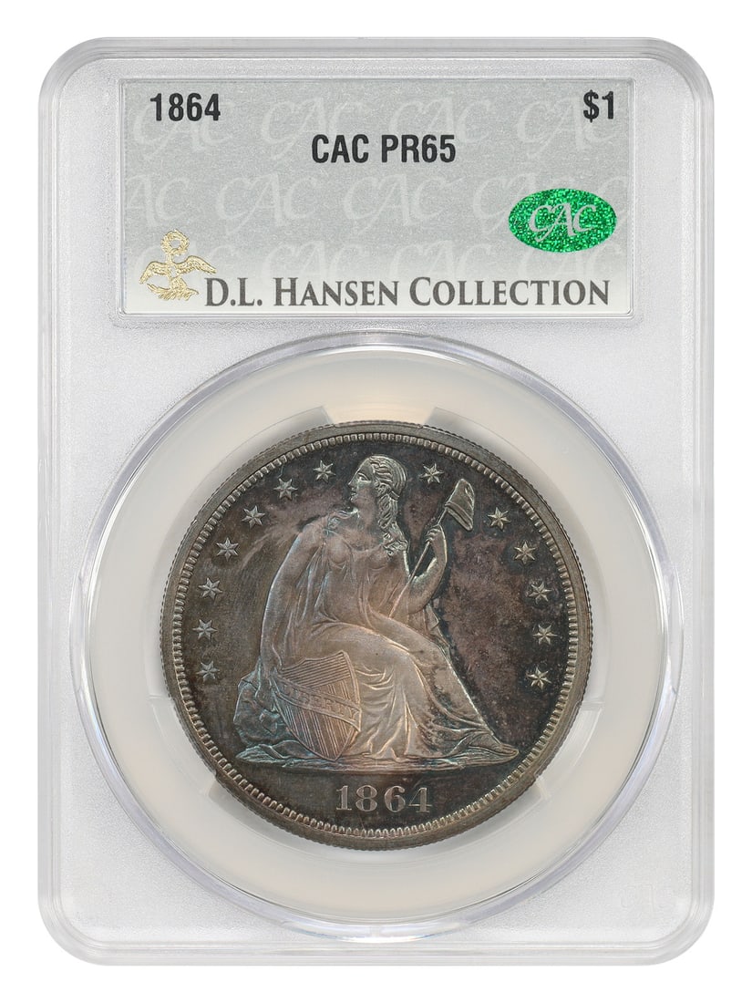 Liberty Seated Dollar 1864 $1 PR65 CACG ex D.L. Hansen: Liberty Seated Dollar 1864 $1 PR65 CACG ex D.L. Hansen 1864 Liberty Seated Dollar certified PR65 by CACG. Struck in Philadelphia as a proof issue, this example comes from a low mintage of just 470 pro