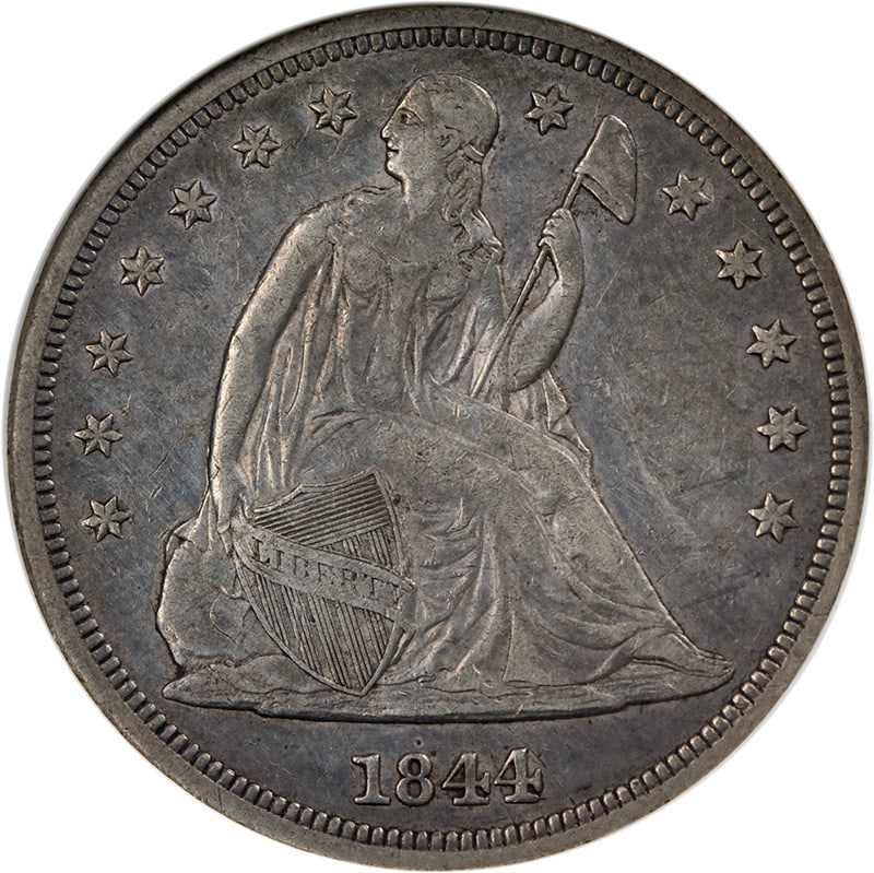 Silver 1844-P Seated Liberty Dollar ANACS EF45 Misplaced Date Double Die: Silver 1844-P Seated Liberty Dollar ANACS EF45 Misplaced Date Double Die This 1844-P Seated Liberty Dollar features a misplaced date and doubled die obverse, with noticeable doubling in the 'LIBERTY' 