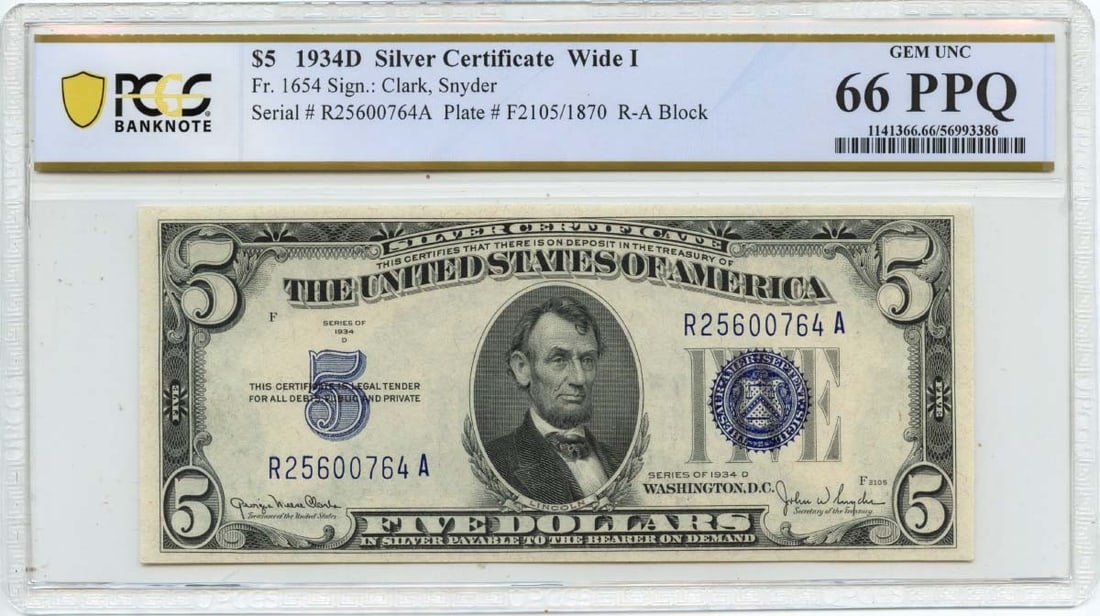 1934D $5 Silver Certificate Fr#1654 PCGS GEM 66 PPQ Uncirculated: 1934D $5 Silver Certificate Fr#1654 PCGS GEM 66 PPQ Uncirculated This 1934D $5 Silver Certificate (Fr#1654) is certified by PCGS and graded as GEM 66 PPQ, indicating it is in uncirculated condition. A