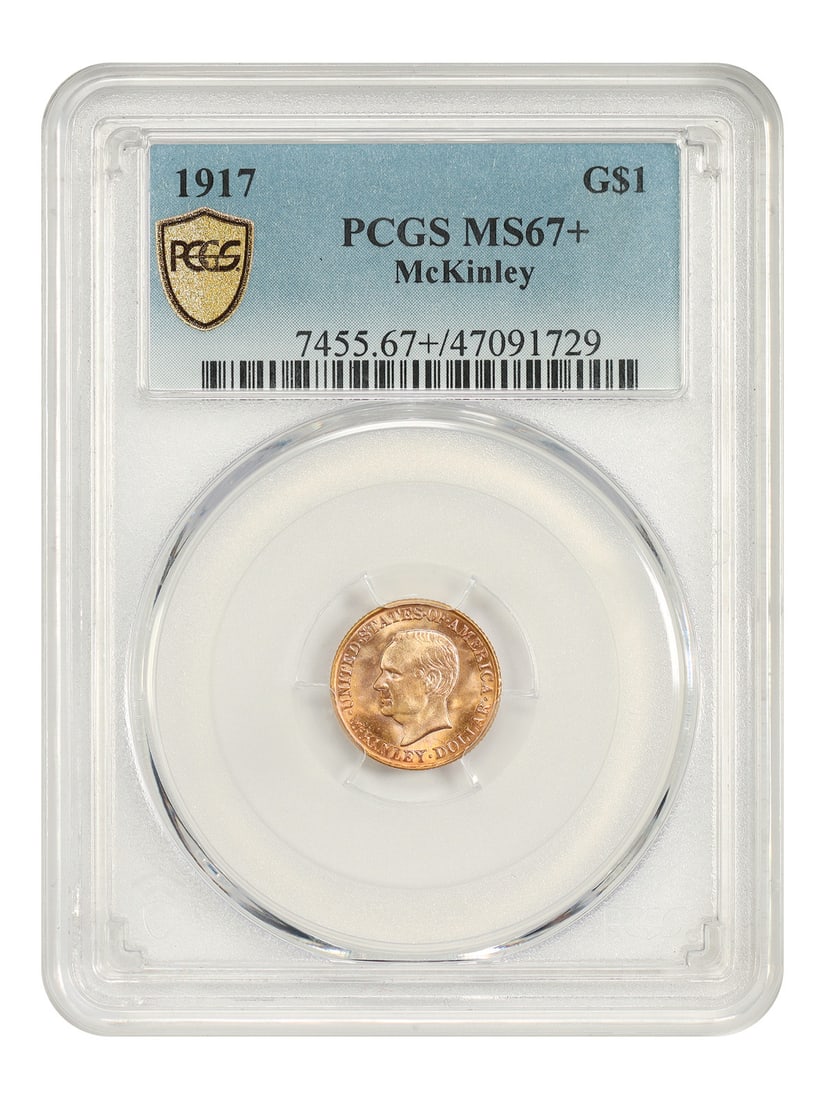 PCGS MS67+ 1917 McKinley Gold Dollar Classic Commemorative: PCGS MS67+ 1917 McKinley Gold Dollar Classic Commemorative 1917 McKinley G$1 classic gold commemorative coin certified by PCGS as MS67+. This is the second and final year of issue from a mintage of ju