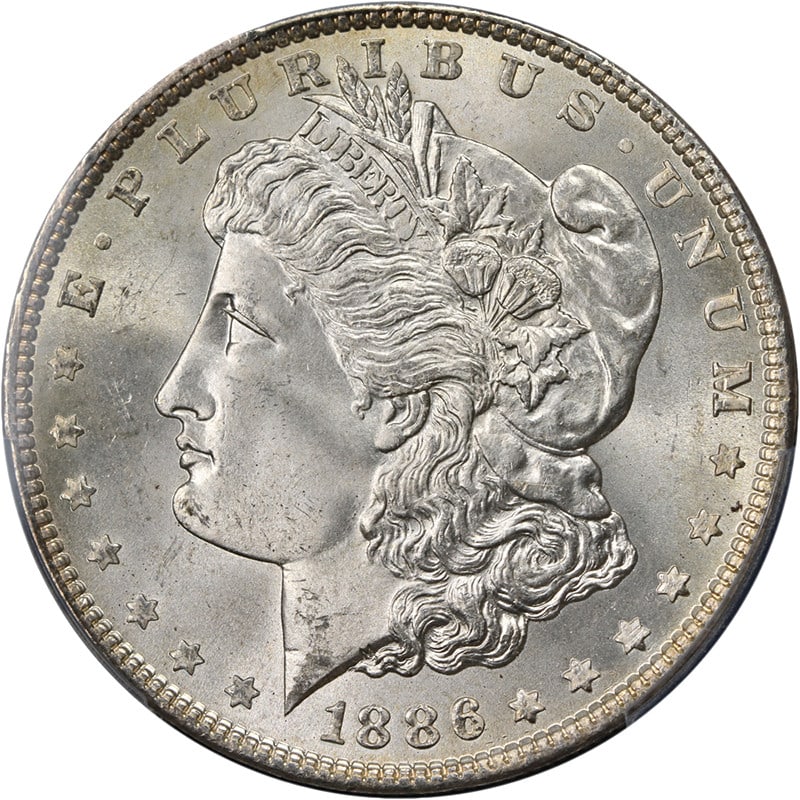 1886-P Morgan Silver Dollar PCGS MS67 Strong Strike Superb Luster: 1886-P Morgan Silver Dollar PCGS MS67 Strong Strike Superb Luster This stunning 1886-P Morgan Silver Dollar showcases superb eye appeal with exceptional luster and a strong strike. Its surfaces are be