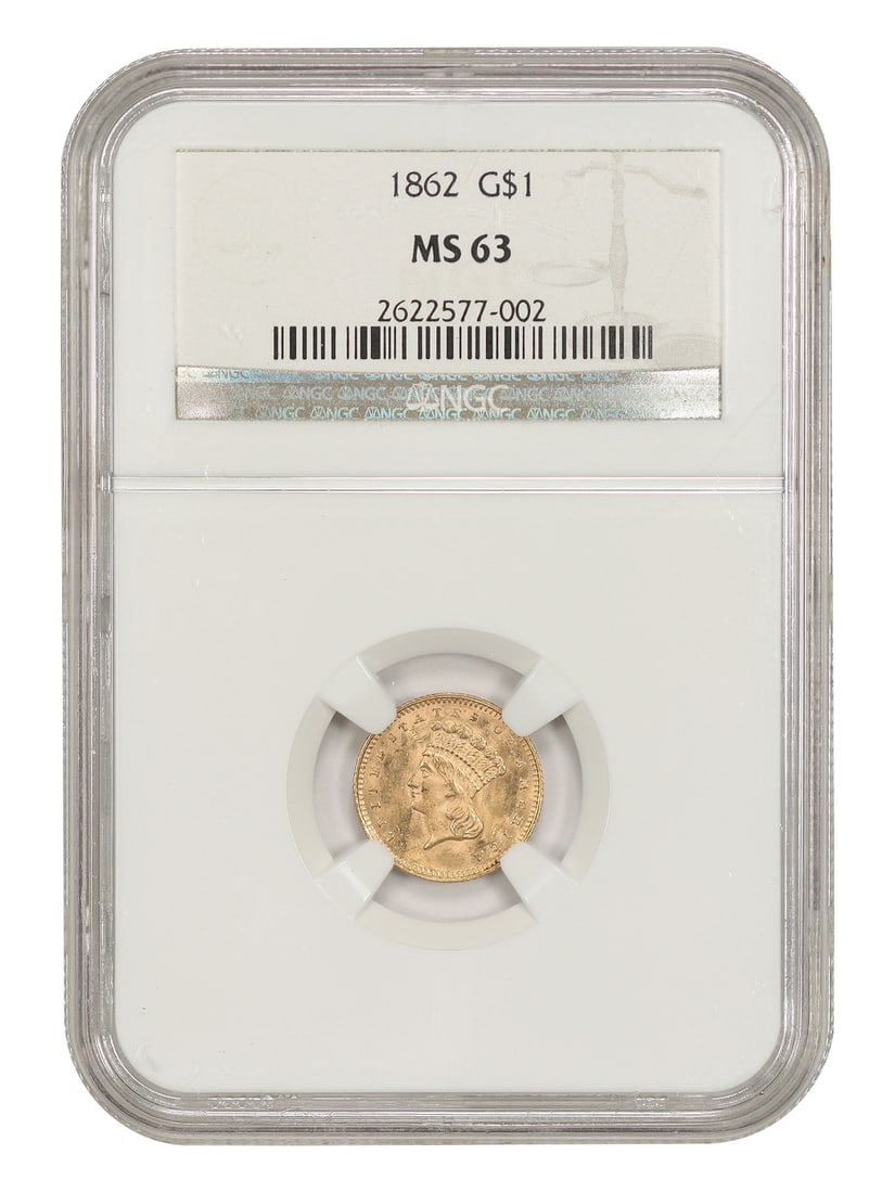 1862 G$1 Gold Dollar NGC MS63 Philadelphia Issue: 1862 G$1 Gold Dollar NGC MS63 Philadelphia Issue An 1862 Gold Dollar from the Civil War era, graded MS63 by NGC. This uncirculated Philadelphia-minted coin is identified as a G$1 denomination and is o