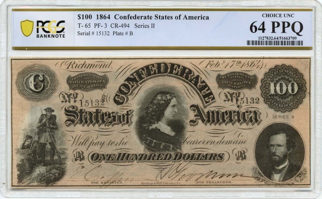 1864 $100 Confederate States T-65 Note PCGS CU64 PPQ: 1864 $100 Confederate States T-65 Note PCGS CU64 PPQ This is an 1864 $100 Confederate States of America T-65 banknote, certified by PCGS with a grade of MS64. This uncirculated note features intricate
