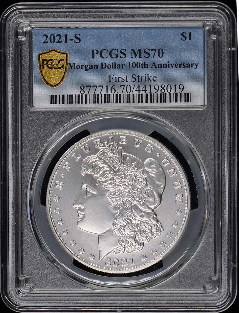 2021-S Morgan Dollar PCGS MS70 Uncirculated 100th Anniversary Coin: 2021-S Morgan Dollar PCGS MS70 Uncirculated 100th Anniversary Coin Celebrate the 100th Anniversary of the Morgan Dollar with this stunning 2021-S edition, graded MS70 by PCGS. This uncirculated coin s