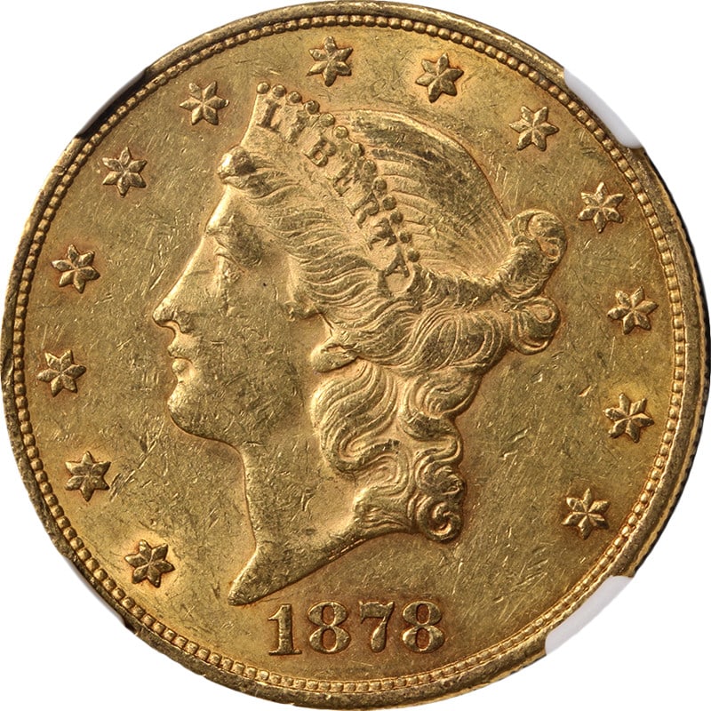 1878-S $20 Liberty Gold Eagle NGC AU55: 1878-S $20 Liberty Gold Eagle NGC AU55 This 1878-S Liberty Gold $20 coin is graded AU55 by NGC. It features a well-struck design, attractive color, and pleasing surfaces. The coin is composed of gold 