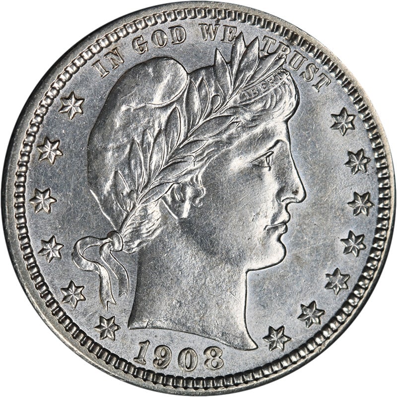 1908-S Silver Barber Quarter AU BU Details Strong Strike Eye Appeal: 1908-S Silver Barber Quarter AU BU Details Strong Strike Eye Appeal This 1908-S Barber Quarter from the United States features strong strike and nice eye appeal with attractive luster and surfaces. Th