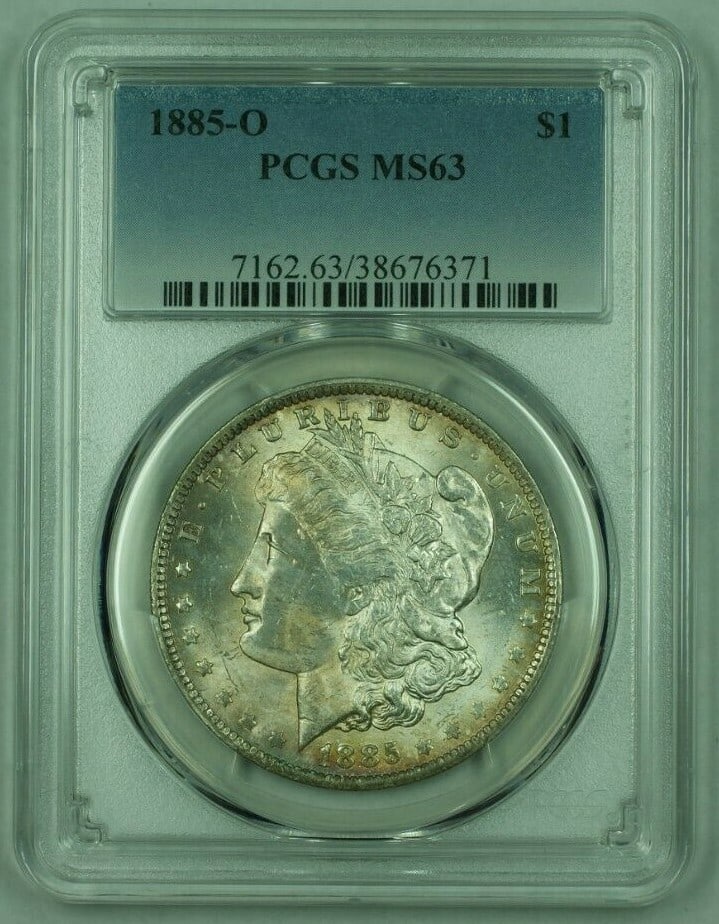 PCGS MS63 1885-O Morgan Dollar 90% Silver: PCGS MS63 1885-O Morgan Dollar 90% Silver This is an 1885-O Morgan Silver Dollar from the United States, certified by PCGS with a grade of MS-63. The coin is uncirculated and composed of silver with a