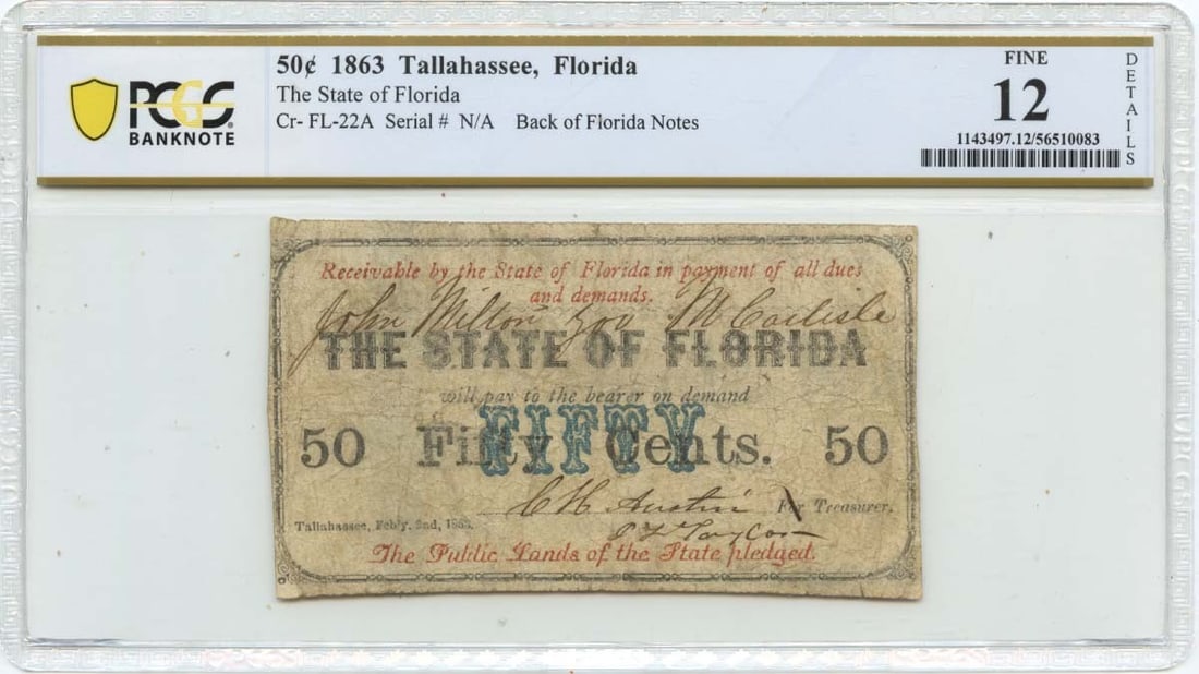 PCGS F12 1863 Tallahassee Florida 50 Cents Obsolete Banknote (1 of 2)