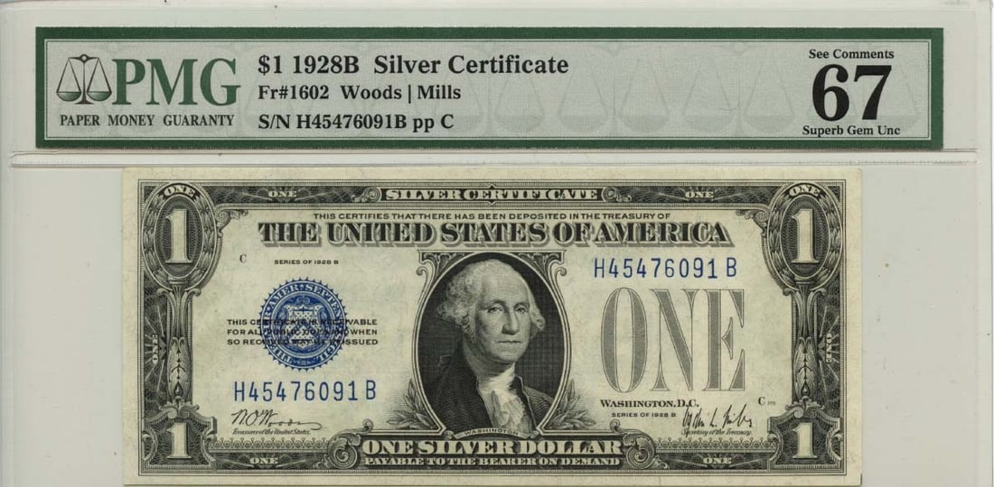 1928B $1 Silver Certificate Blue Seal Fr# 1602 PMG MS67 EPQ: 1928B $1 Silver Certificate Blue Seal Fr# 1602 PMG MS67 EPQ This 1928B $1 Silver Certificate features a striking blue seal and is designated as Fr# 1602. Graded by PMG as a Superb Gem 67 EPQ, this not