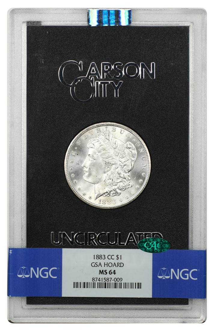 1883 Carson City Morgan Dollar $1 NGC MS64 CAC GSA Holder: 1883 Carson City Morgan Dollar $1 NGC MS64 CAC GSA Holder 1883-CC Morgan Dollar from the GSA hoard, housed in the original hard case and graded MS64 by NGC. This uncirculated example also carries CAC 