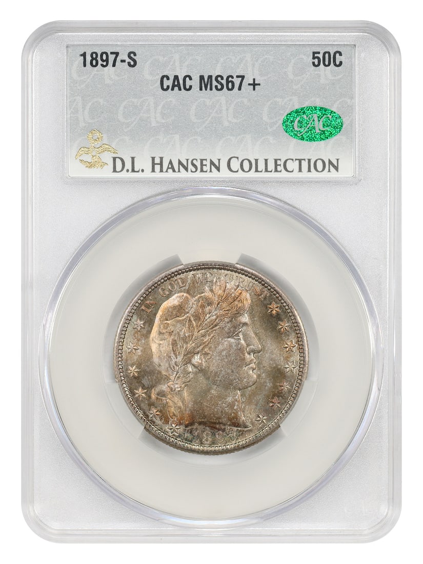 CACG MS67+ 1897-S Barber Half Dollar ex D.L. Hansen: CACG MS67+ 1897-S Barber Half Dollar ex D.L. Hansen 1897-S Barber Half Dollar certified CACG MS67+ and noted ex: D.L. Hansen. A limited mintage of 933,900 coins leaves premium gem examples scarce, and
