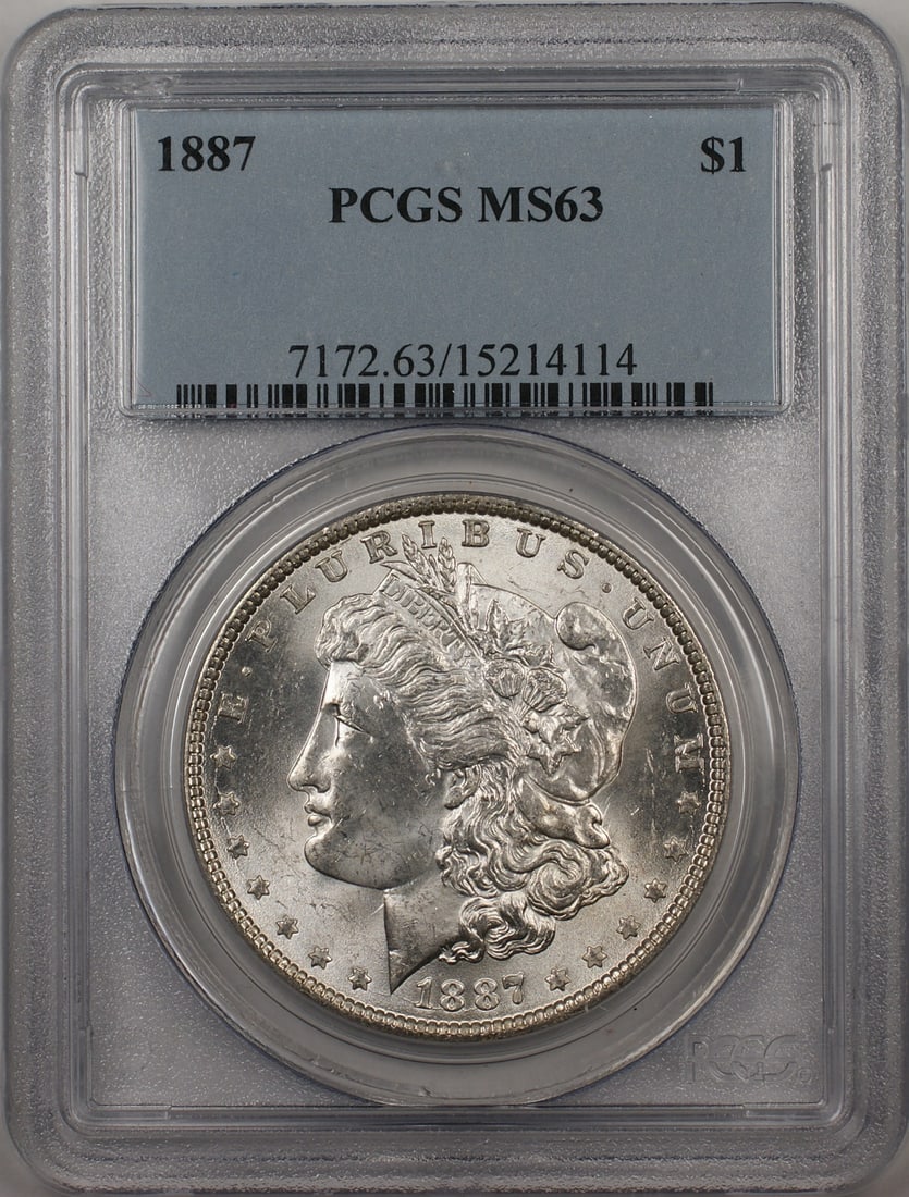 PCGS MS 63 1887 Silver Morgan Dollar Uncirculated Philadelphia Mint: PCGS MS 63 1887 Silver Morgan Dollar Uncirculated Philadelphia Mint This 1887 Morgan Silver Dollar is a $1 coin from the United States, minted in Philadelphia. Composed of silver, it has been certifie