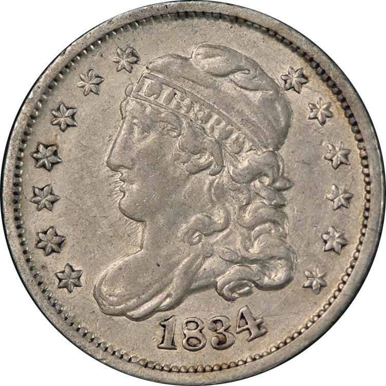 1834 United States Silver Bust Half Dime Choice XF: 1834 United States Silver Bust Half Dime Choice XF This 1834 Bust Half Dime is a circulated silver coin from the United States, featuring a strong strike and attractive surfaces. Graded as Choice Extr