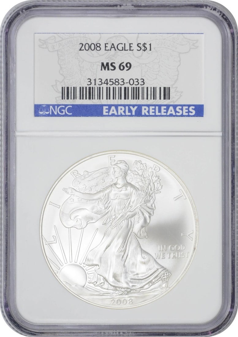 NGC MS69 2008 Silver American Eagle Dollar 1 oz Early Releases: NGC MS69 2008 Silver American Eagle Dollar 1 oz Early Releases This 2008 American Silver Eagle Early Releases Dollar is certified by NGC with a grade of MS69. It contains 1 oz of silver with a finenes