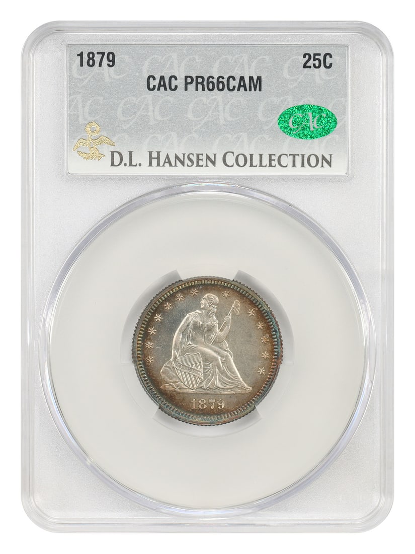 Liberty Seated Quarter 1879 25C CACG PR66CAM ex D.L. Hansen Simpson: Liberty Seated Quarter 1879 25C CACG PR66CAM ex D.L. Hansen Simpson 1879 Liberty Seated Quarter certified by CACG as PR66CAM. PCGS lists only one Deep Cameo proof 1879 quarter dollar, a PR63, making g