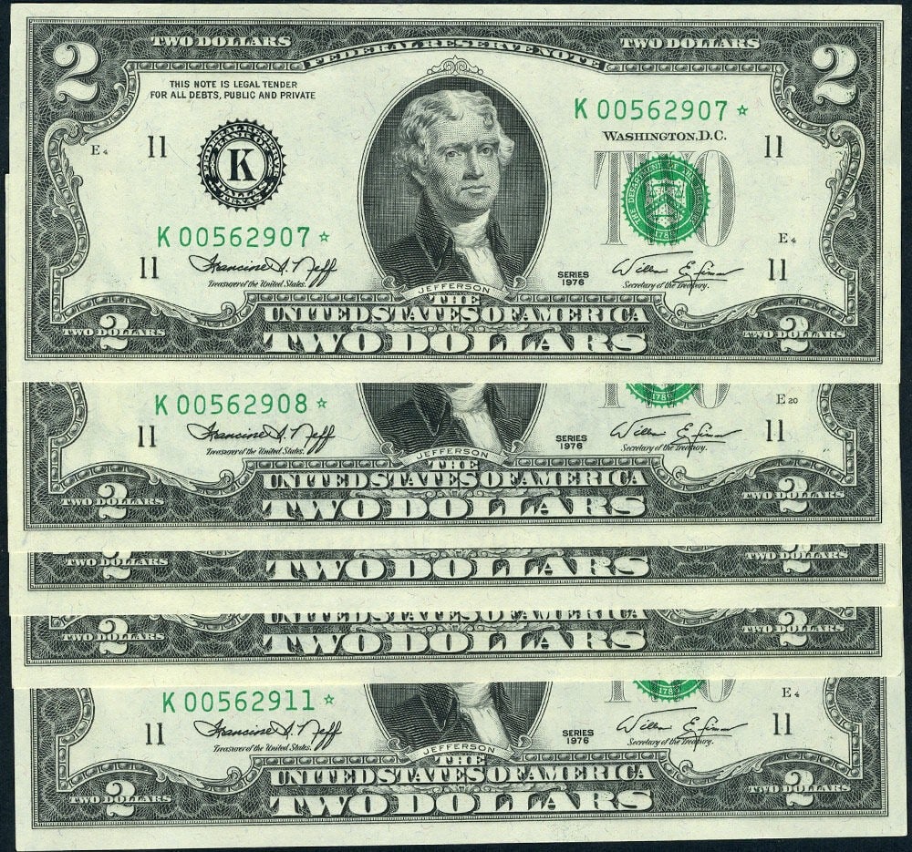 5 Consecutive 1976 $2 Federal Reserve Star Notes Fr 1935 K Gem CU (1 of 2)