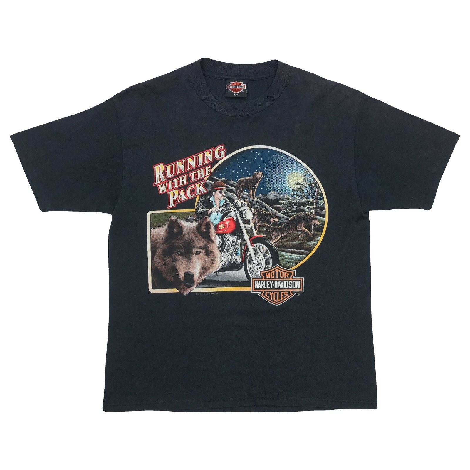 Vintage 1992 Black Cotton Harley Davidson Large Graphic T Shirt: Vintage 1992 Black Cotton Harley Davidson Large Graphic T Shirt This is an original vintage 1992 Harley Davidson "Running With the Pack" shirt, featuring front and back graphics. Made from 100% cotton