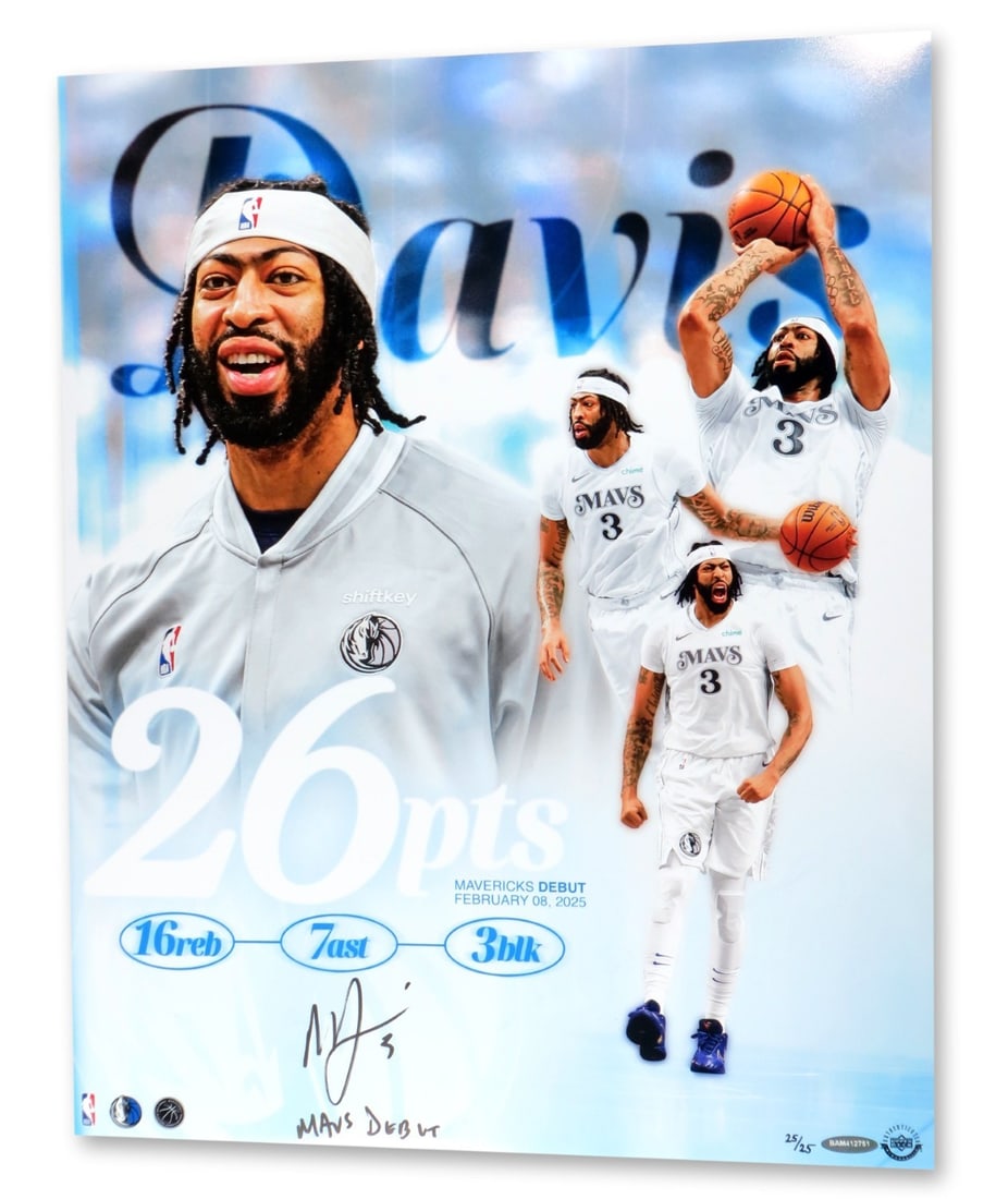 Anthony Davis Signed 16x20 Photo Mavericks Debut Inscribed 25/25 Upper Deck Authenticated: Anthony Davis Signed 16x20 Photo Mavericks Debut Inscribed 25/25 Upper Deck Authenticated This is an original autographed 16X20 photo of Anthony Davis, featuring his inscription of 25/25. The item is 