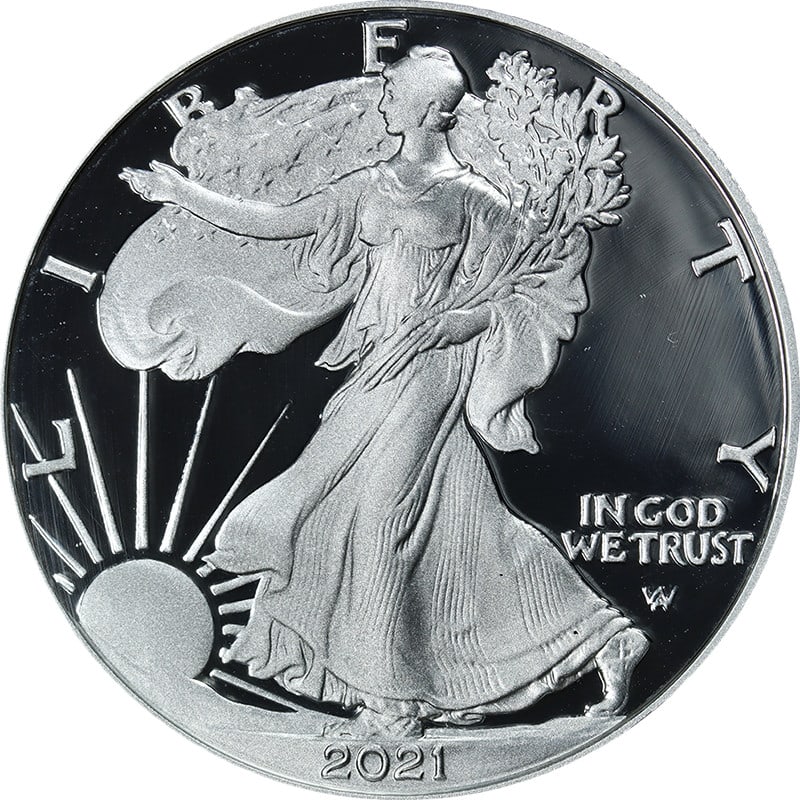 PCGS PR70 DCAM First Strike 2021-S Silver Eagle Dollar Type 2: PCGS PR70 DCAM First Strike 2021-S Silver Eagle Dollar Type 2 Original 2021-S Silver American Eagle $1 Type 2 certified by PCGS and graded PR70 DCAM with a First Strike Flag Label. This uncirculated c
