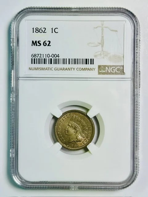 1862 USA Indian Head Cent Copper NGC MS 62: 1862 USA Indian Head Cent Copper NGC MS 62 1862 Indian Head small cent graded MS 62 by NGC. This pre-owned USA copper cent is a certified example of the one-cent denomination. Specifications Title: 18
