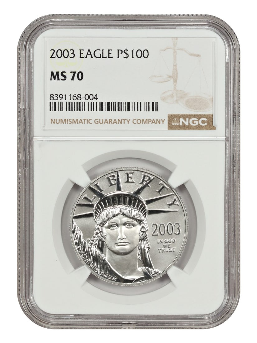 2003 NGC MS70 $100 Platinum Eagle Uncirculated Coin: 2003 NGC MS70 $100 Platinum Eagle Uncirculated Coin 2003 $100 Platinum Eagle certified by NGC in MS70 condition. This uncirculated coin was minted in Philadelphia and features the Statue of Liberty de