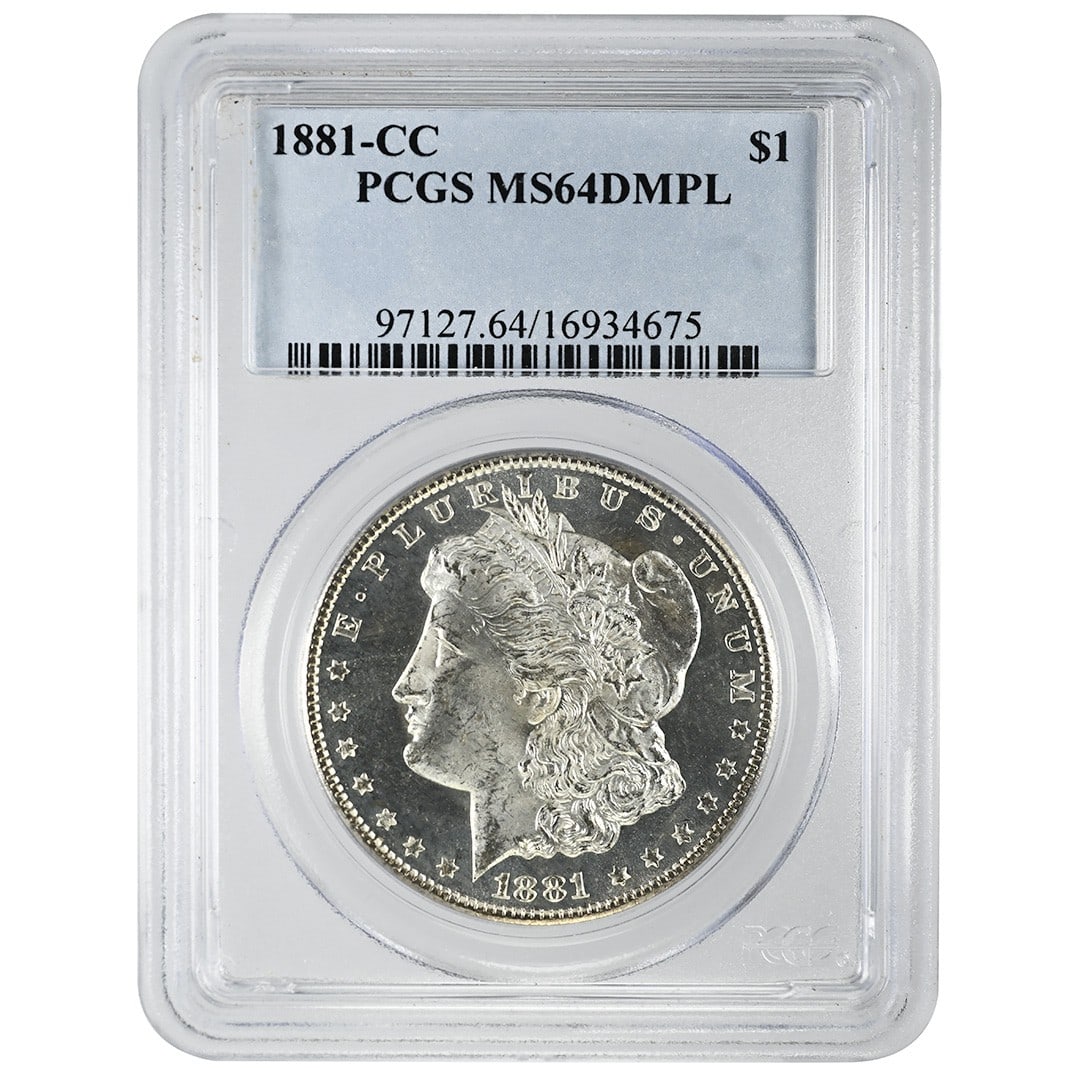 PCGS MS64DMPL 1881 CC Morgan Silver Dollar: PCGS MS64DMPL 1881 CC Morgan Silver Dollar 1881-CC Morgan Dollar certified by PCGS as MS64DMPL. This uncirculated Carson City issue is described as a full "black and white" coin with frosted devices a