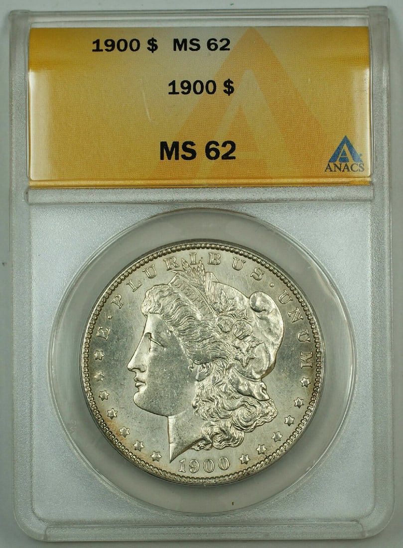 ANACS MS-62 1900 Philadelphia Morgan Silver Dollar Uncirculated Coin: ANACS MS-62 1900 Philadelphia Morgan Silver Dollar Uncirculated Coin This is a 1900 Morgan Silver Dollar coin graded MS-62 by ANACS. Minted in Philadelphia, this uncirculated coin is composed of 90% s
