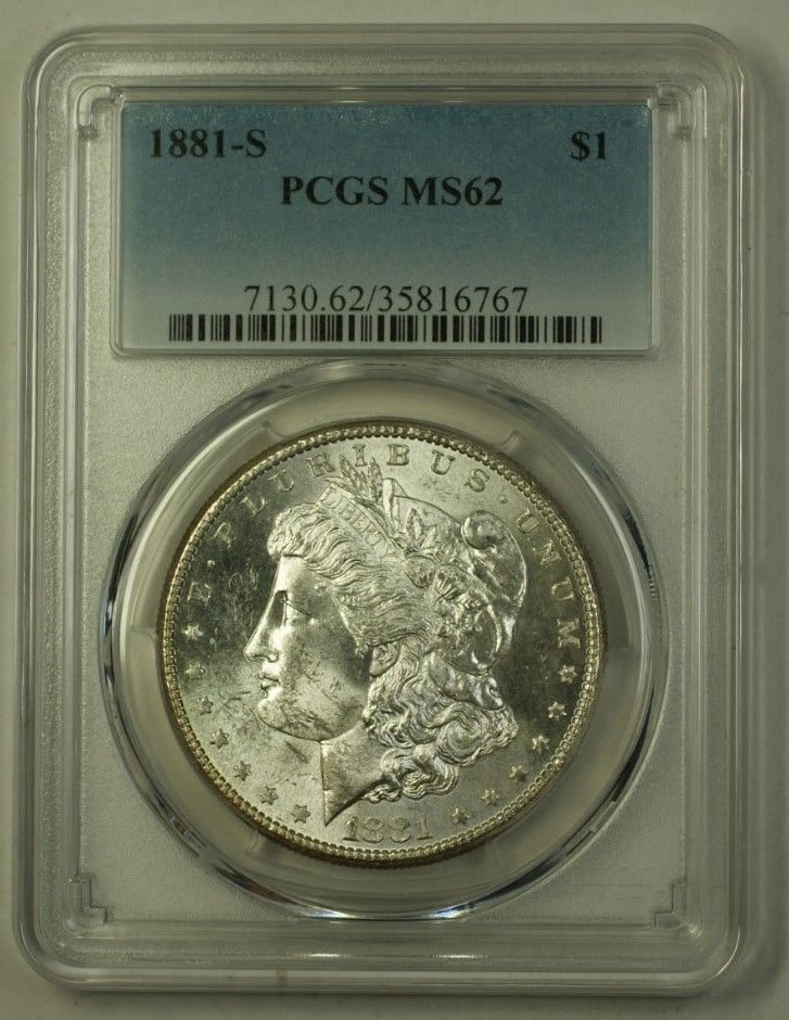 PCGS MS62 1881-S Morgan Dollar Silver $1 San Francisco: PCGS MS62 1881-S Morgan Dollar Silver $1 San Francisco 1881-S Morgan Silver Dollar $1 coin graded PCGS MS-62. This uncirculated United States silver coin is identified as a better example in the origi