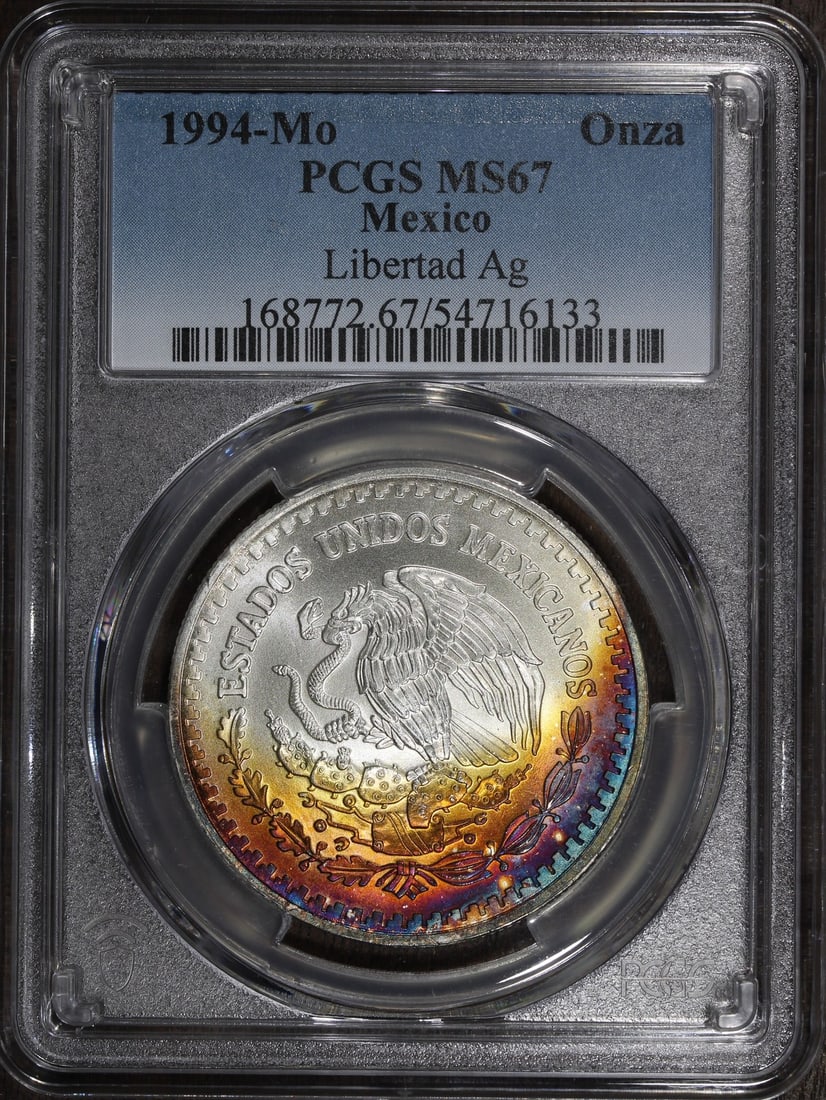 PCGS MS67 1994-Mo Mexico Silver Libertad Onza 1 oz Coin: PCGS MS67 1994-Mo Mexico Silver Libertad Onza 1 oz Coin This 1994 Mexico 1 oz Silver Libertad Onza coin is graded MS 67 by PCGS. It is composed of 0.999 fine silver and listed as pre-owned. The coin i