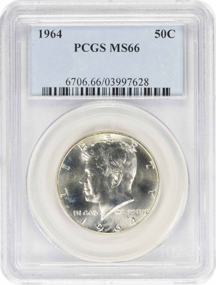 PCGS MS66 1964 Kennedy 50C Silver Half Dollar: PCGS MS66 1964 Kennedy 50C Silver Half Dollar 1964 Kennedy Half Dollar certified by PCGS and graded MS66. This uncirculated silver 50C coin is a pre-owned example from the United States. Specification
