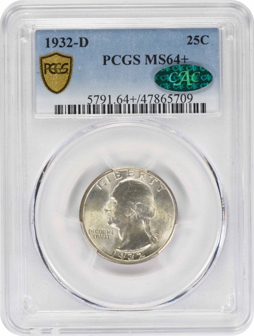 PCGS CAC 1932 D Washington Quarter Silver 25C MS64+: PCGS CAC 1932 D Washington Quarter Silver 25C MS64+ 1932-D Washington silver quarter graded by PCGS. The title identifies the coin as MS64+ with CAC, and it is offered as a pre-owned piece. Specificat