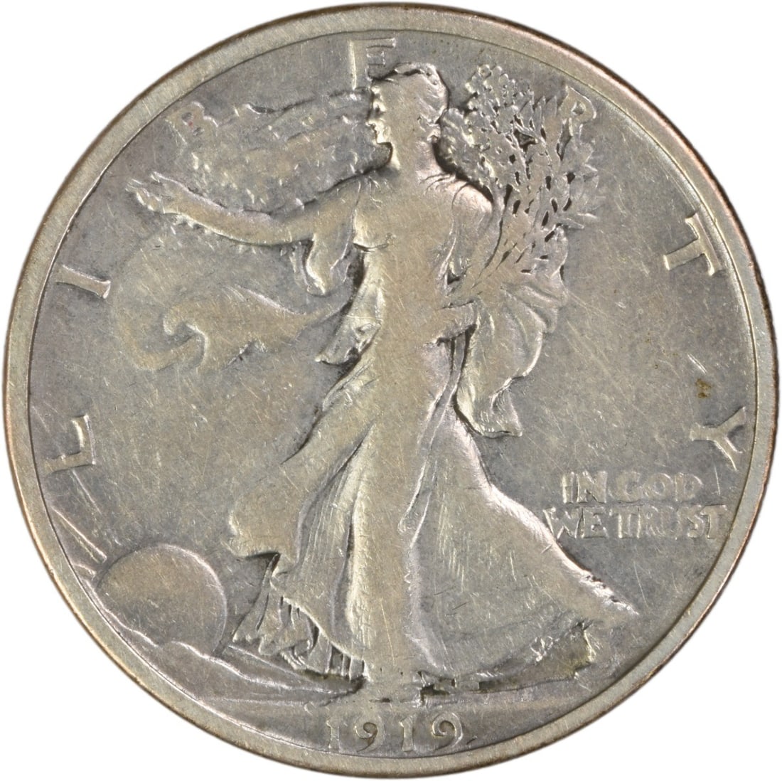 1919 Liberty Walking Half Dollar 90 Percent Silver Coin VF Philadelphia: 1919 Liberty Walking Half Dollar 90 Percent Silver Coin VF Philadelphia This 1919 Walking Liberty Half Dollar was struck at the Philadelphia Mint and features the iconic design by Adolph Alexander Wei