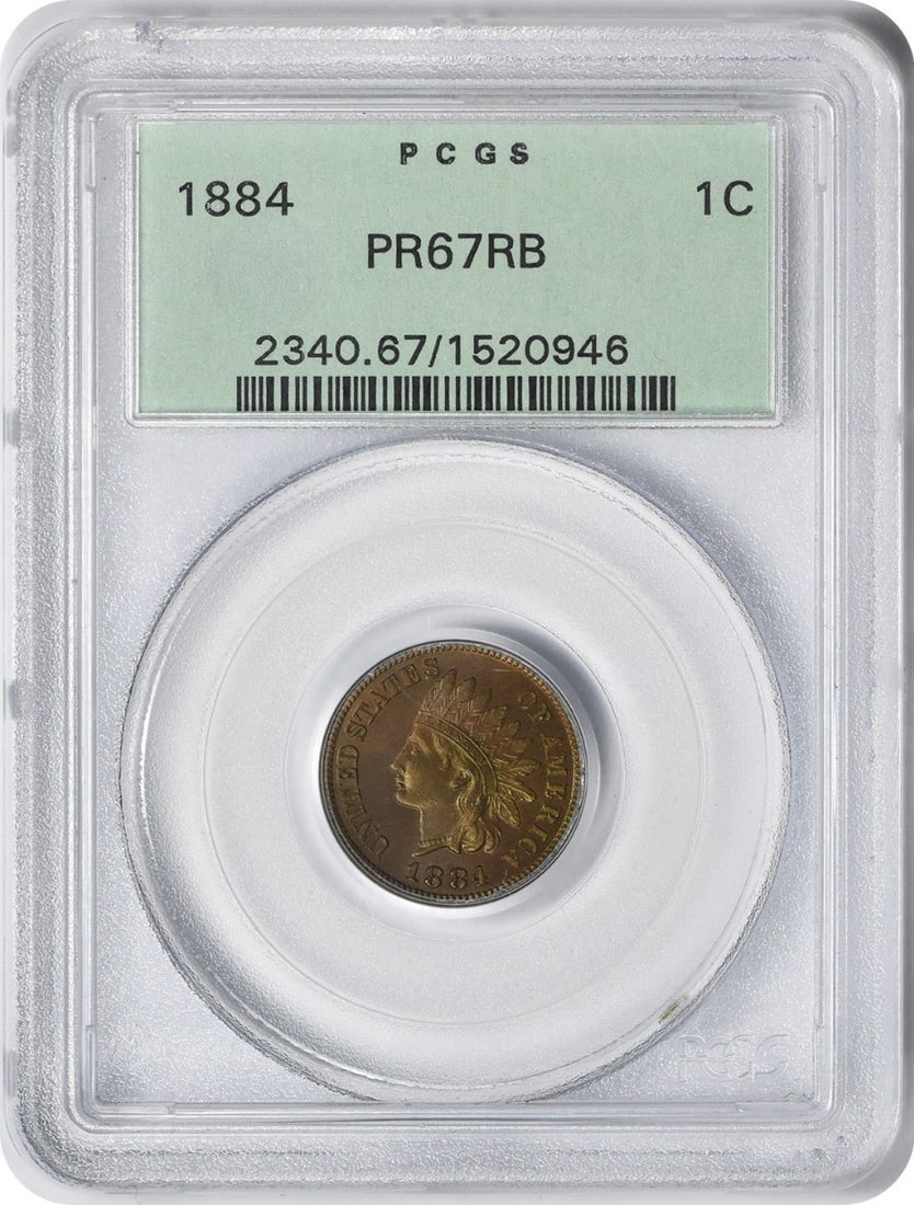 1884 PCGS PR67RB Indian Head Copper Proof Cent: 1884 PCGS PR67RB Indian Head Copper Proof Cent This 1884 Indian Head Cent is a proof coin graded PR67RB by PCGS. Struck in copper, it features the classic Indian Head design. The coin is uncirculated 