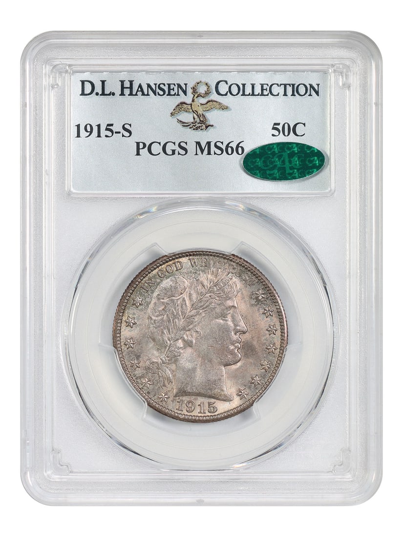 Barber Half Dollar 1915-S 50C PCGS CAC MS66 ex D.L. Hansen: Barber Half Dollar 1915-S 50C PCGS CAC MS66 ex D.L. Hansen 1915-S Barber Half Dollar certified by PCGS and CAC in MS66. This uncirculated example is noted as ex: D.L. Hansen and features outstanding l
