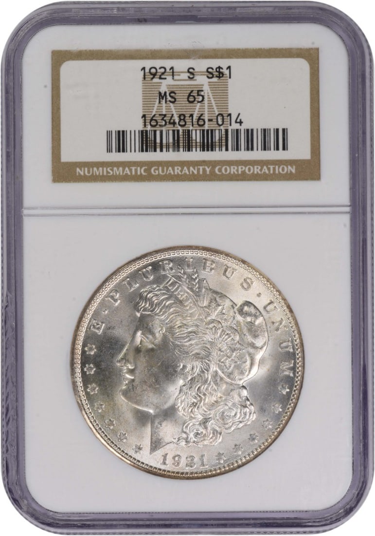 MS65 Graded 1921 San Francisco Morgan Dollar Certified by NGC: MS65 Graded 1921 San Francisco Morgan Dollar Certified by NGC This 1921-S Morgan Silver Dollar is certified MS65 by NGC, indicating a high-grade uncirculated condition. Struck at the San Francisco Min