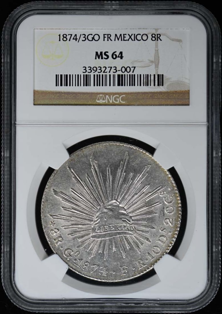 1874 Mexico 8R Coin NGC MS64 Uncirculated: 1874 Mexico 8R Coin NGC MS64 Uncirculated This item is an 1874/3GO Mexican 8 Reales coin, graded as MS64 by NGC, indicating it is in uncirculated condition. This pre-owned coin showcases exceptional d