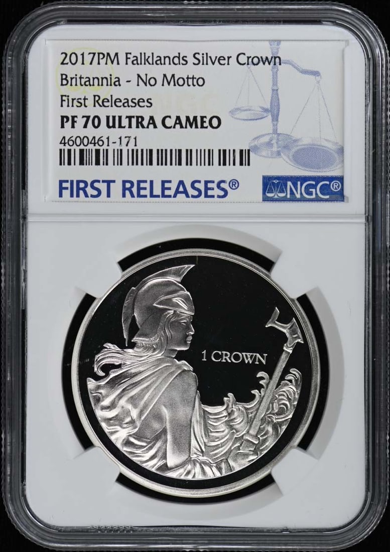 2017 Britannia No Motto Falklands Coin NGC PR70 First Releases: 2017 Britannia No Motto Falklands Coin NGC PR70 First Releases This is a 2017 Falklands Britannia 'No Motto' coin, graded PR70DCAM by NGC. The coin is uncirculated and comes from the United Kingdom. I