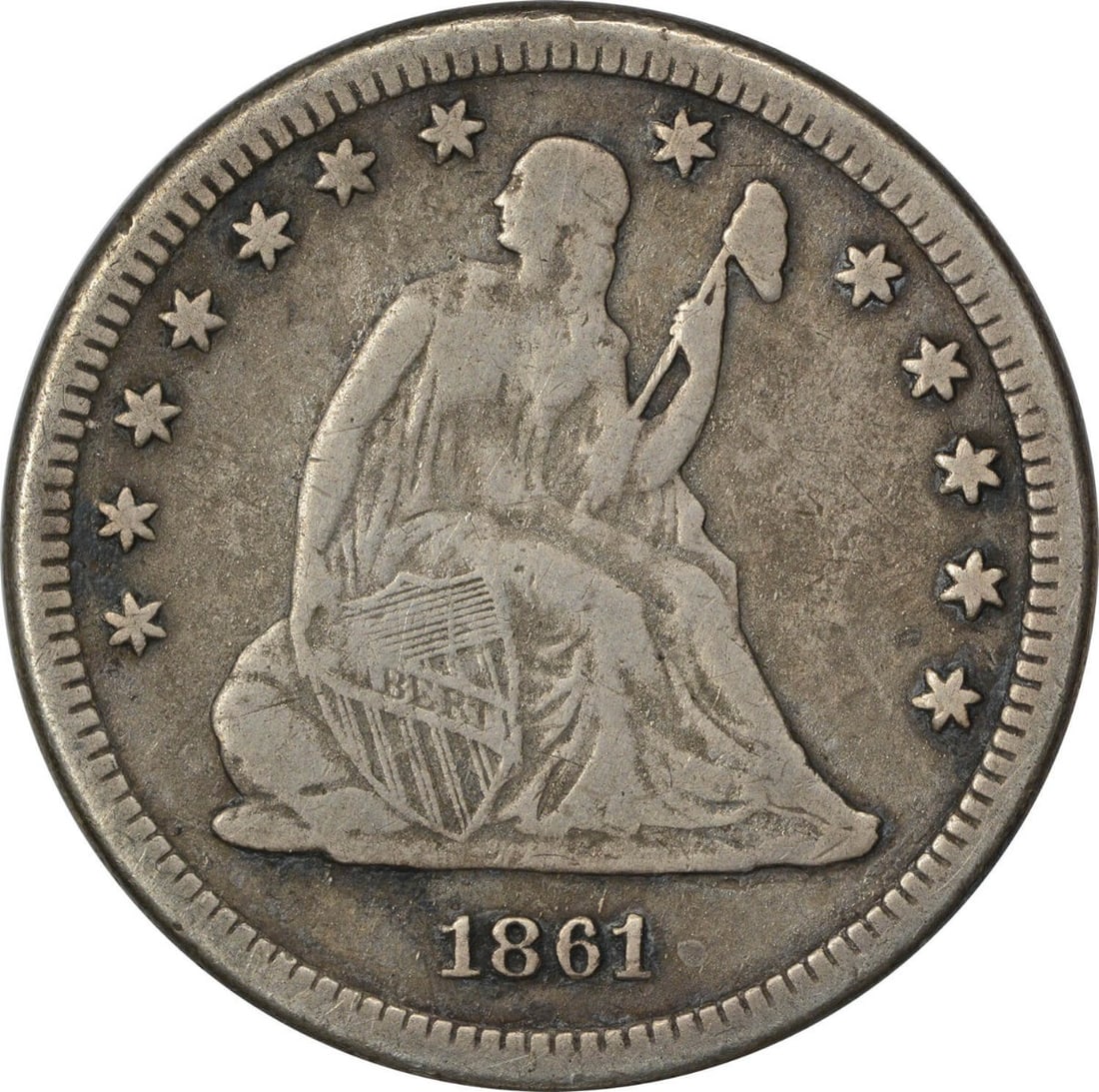 United States 1861 S Seated Liberty 25C Silver Quarter VF: United States 1861 S Seated Liberty 25C Silver Quarter VF 1861-S Liberty Seated silver quarter in VF grade. This circulated, uncertified United States 25C coin is a pre-owned example of the Seated Lib