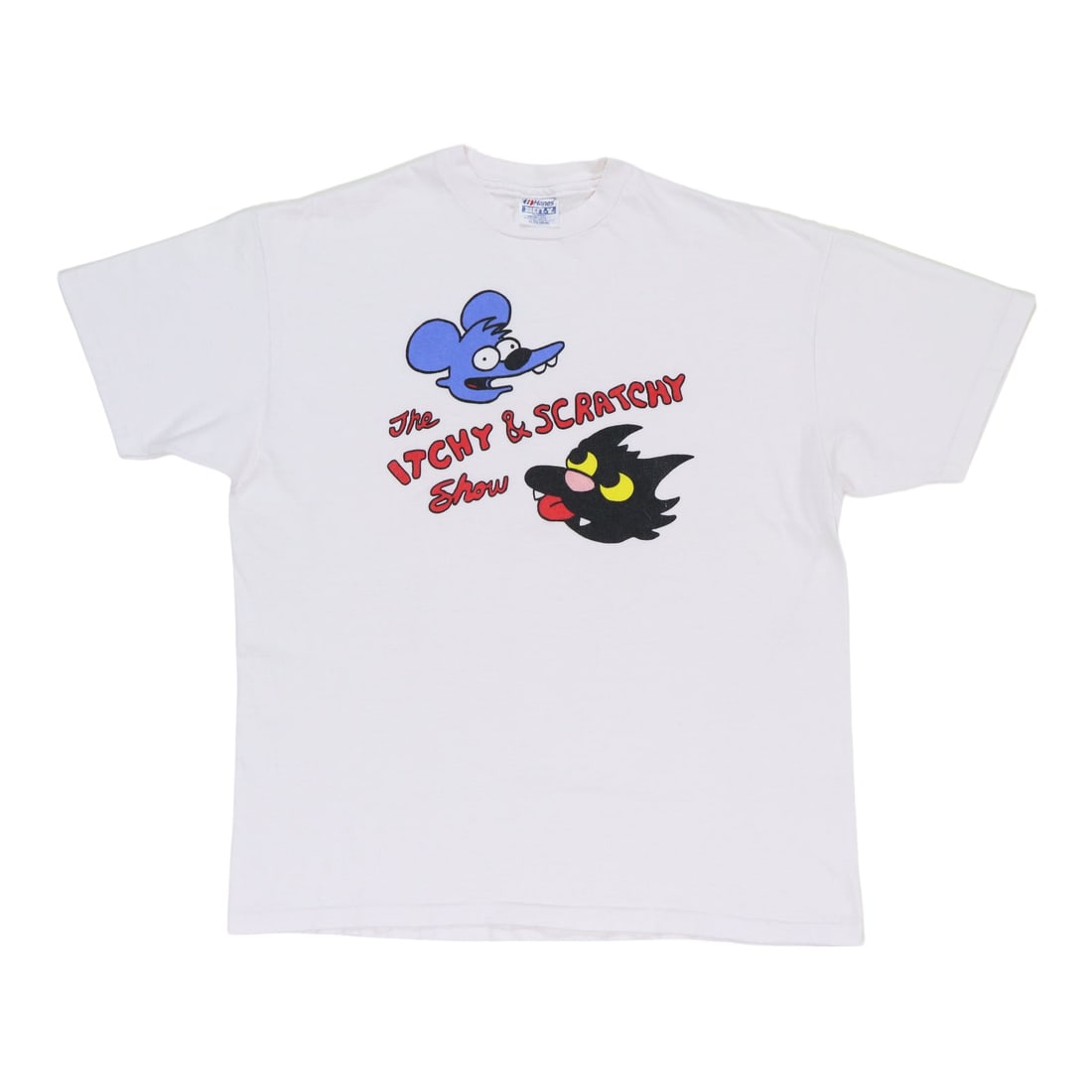 Vintage 1990s The Itchy and Scratchy Show White Cotton T Shirt Extra Large: Vintage 1990s The Itchy and Scratchy Show White Cotton T Shirt Extra Large This is an original vintage 1990s Itchy & Scratchy Show shirt, featuring no back graphics. Made from 100% cotton in white, th