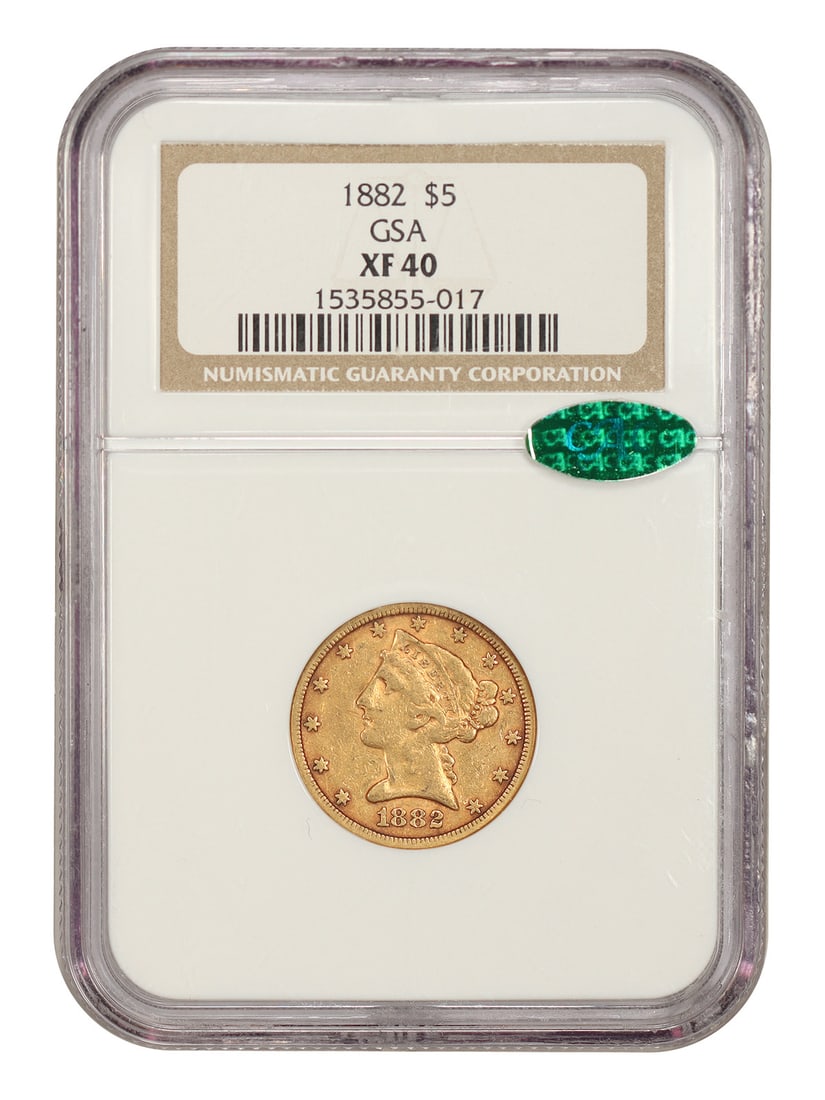 1882 Liberty Head Half Eagle $5 NGC XF40 CAC ex GSA: 1882 Liberty Head Half Eagle $5 NGC XF40 CAC ex GSA 1882 Liberty Head $5 gold coin from the GSA hoard. This circulated example is certified by NGC and graded XF40, with CAC approval. Condition is pre-