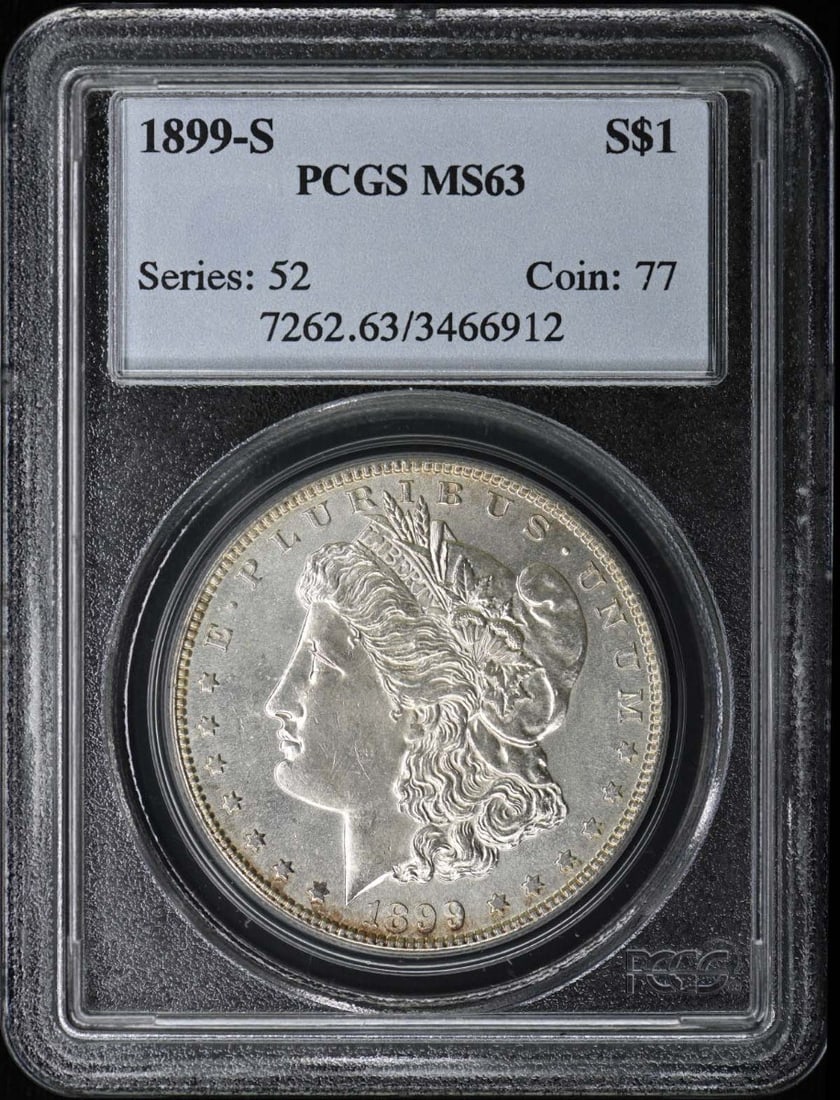 PCGS MS63 1899-S Morgan Silver Dollar $1: PCGS MS63 1899-S Morgan Silver Dollar $1 1899-S Morgan Dollar certified by PCGS and graded MS63. This pre-owned coin is listed as uncirculated. Specifications Coin Type: Morgan Dollar Year: 1899 Denom