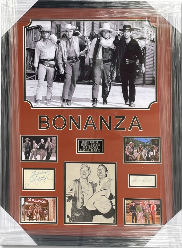 Framed Bonanza Cast Signed Photo with Greene Landon Blocker Roberts JSA Authenticated: Framed Bonanza Cast Signed Photo with Greene Landon Blocker Roberts JSA Authenticated This framed display features autographed cut signatures from the cast of Bonanza, including Lorne Greene, Michael 