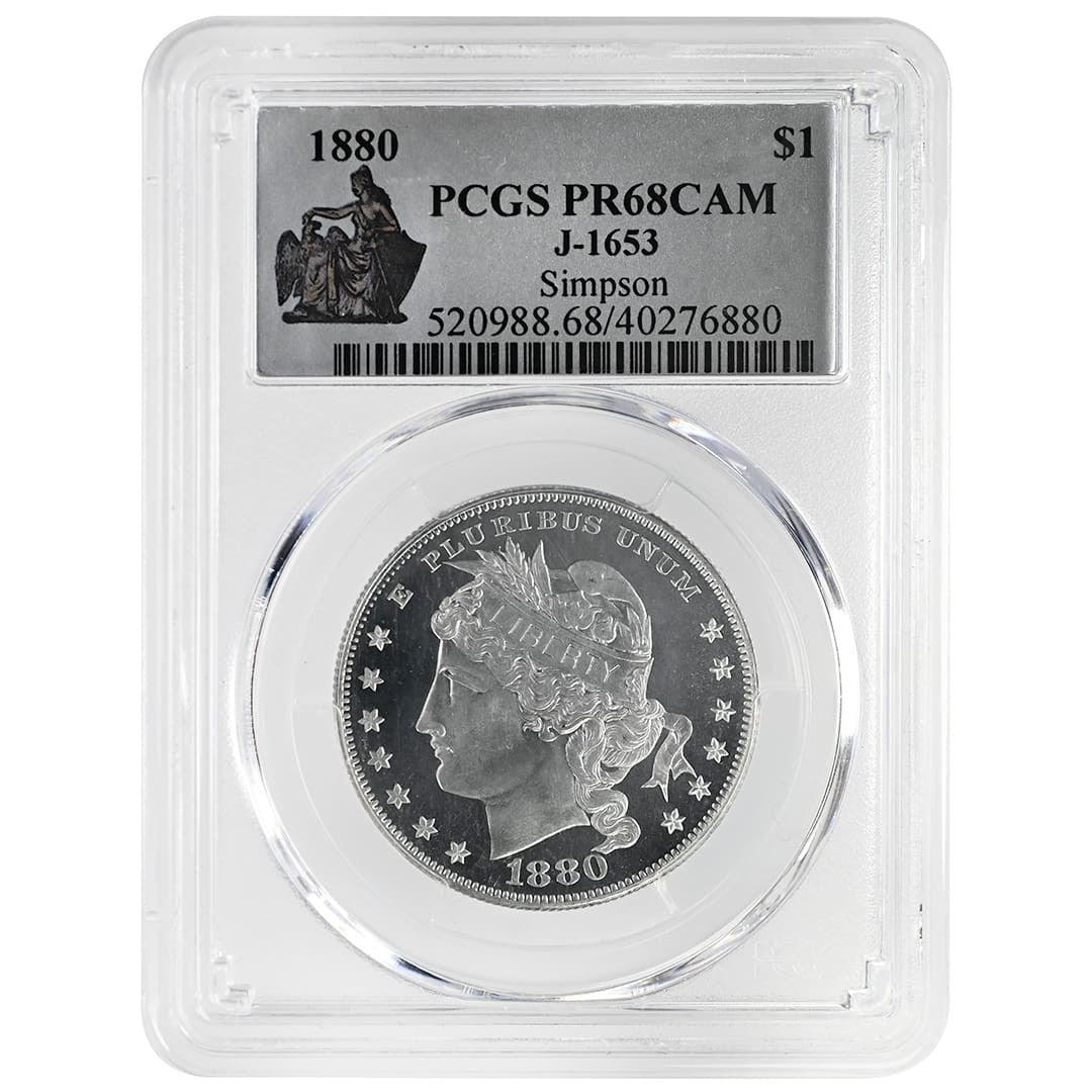 1880 Judd-1653 Goloid Metric Dollar Pattern PCGS PR68CAM: 1880 Judd-1653 Goloid Metric Dollar Pattern PCGS PR68CAM 1880 $1 Pattern Goloid Metric Dollar, Judd-1653, Pollock-1853, graded PR68 Cameo by PCGS. This proof-strike silver coin is described as blazing