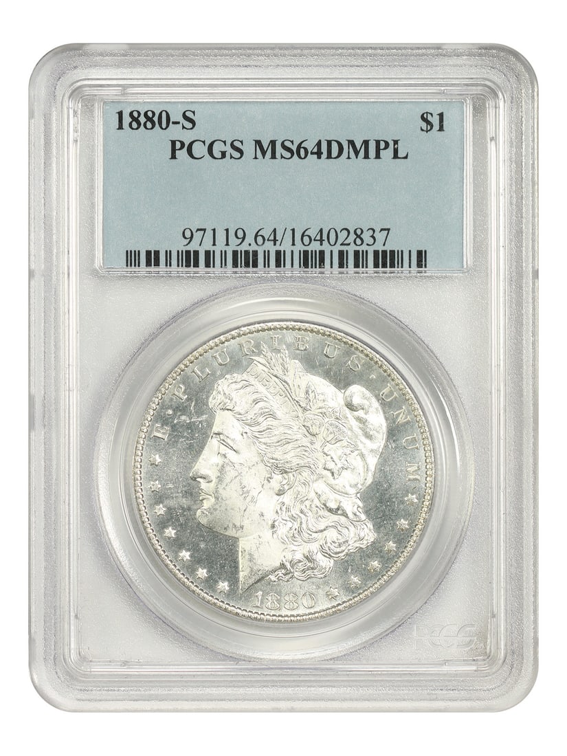 1880-S Morgan Silver Dollar PCGS MS64DMPL San Francisco Mint: 1880-S Morgan Silver Dollar PCGS MS64DMPL San Francisco Mint 1880-S Morgan Dollar certified by PCGS in MS64DMPL. This uncirculated example is described as exceedingly flashy, with deep mirror prooflik