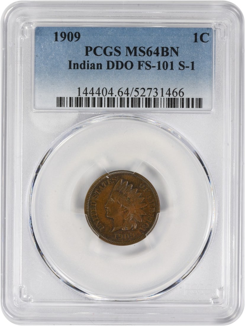 1909 Indian Head Cent DDO FS-101 MS64BN Certified PCGS: 1909 Indian Head Cent DDO FS-101 MS64BN Certified PCGS This is a 1909 Indian Cent featuring the DDO FS-101 variety, certified by PCGS with a grade of MS64BN. The coin, struck in Philadelphia, showcase
