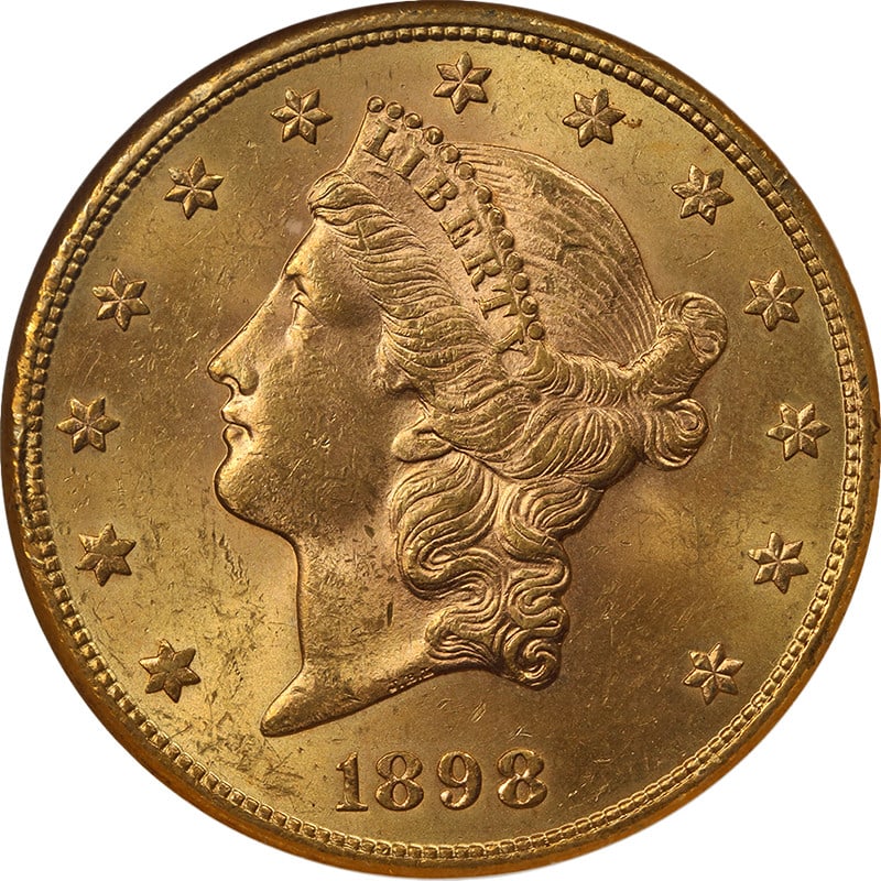 NGC MS62 1898-S Liberty Head $20 Gold Coin: NGC MS62 1898-S Liberty Head $20 Gold Coin Original 1898-S Liberty Gold $20 coin certified by NGC as MS62. This uncirculated piece is noted for great eye appeal, fantastic luster, a strong strike, and