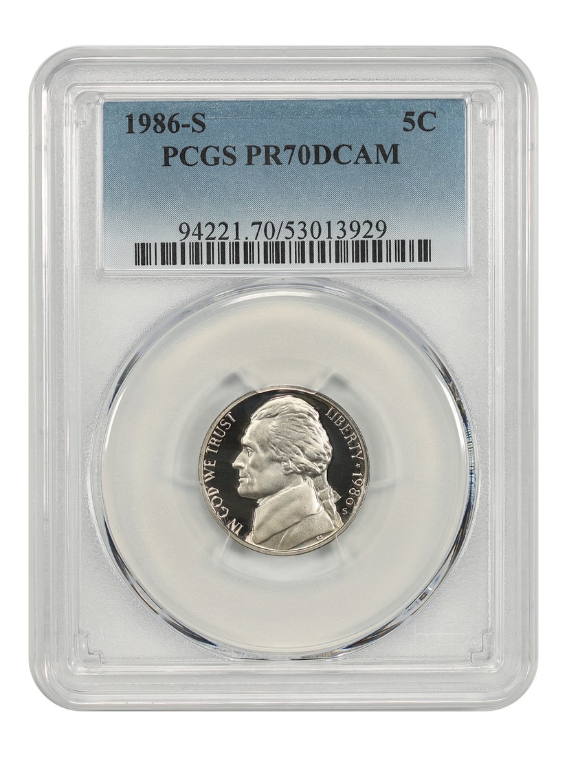 Jefferson Nickel 1986-S 5C PCGS PR70DCAM: Jefferson Nickel 1986-S 5C PCGS PR70DCAM 1986-S Jefferson Nickel graded PCGS PR70DCAM. This uncirculated 5C coin is a certified pre-owned example. Specifications Denomination: 5C Year: 1986 Mint Locat