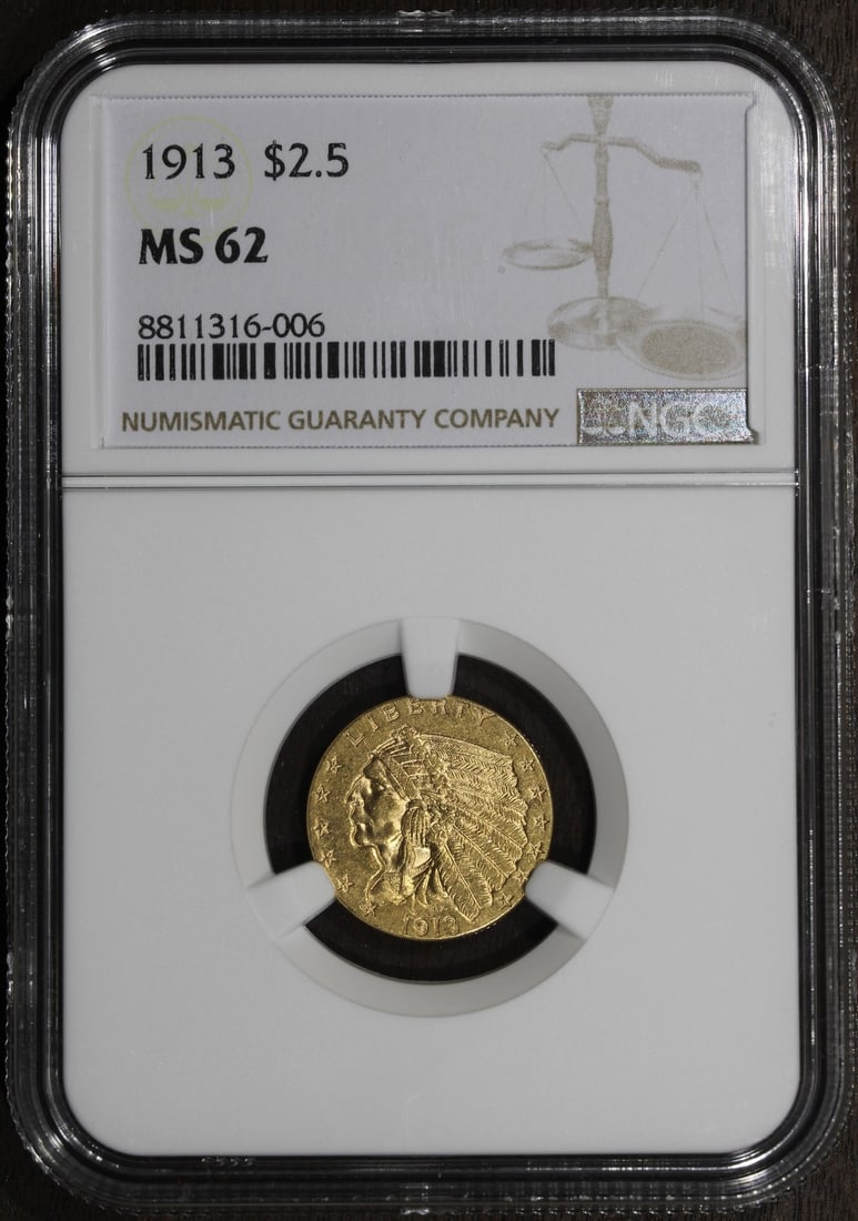 1913 $2.50 Indian Head Quarter Eagle Gold Coin NGC MS62: 1913 $2.50 Indian Head Quarter Eagle Gold Coin NGC MS62 1913 Indian Head Gold Quarter Eagle $2.50 graded MS62 by NGC. This pre-owned United States gold coin features the Indian Head design and is deno
